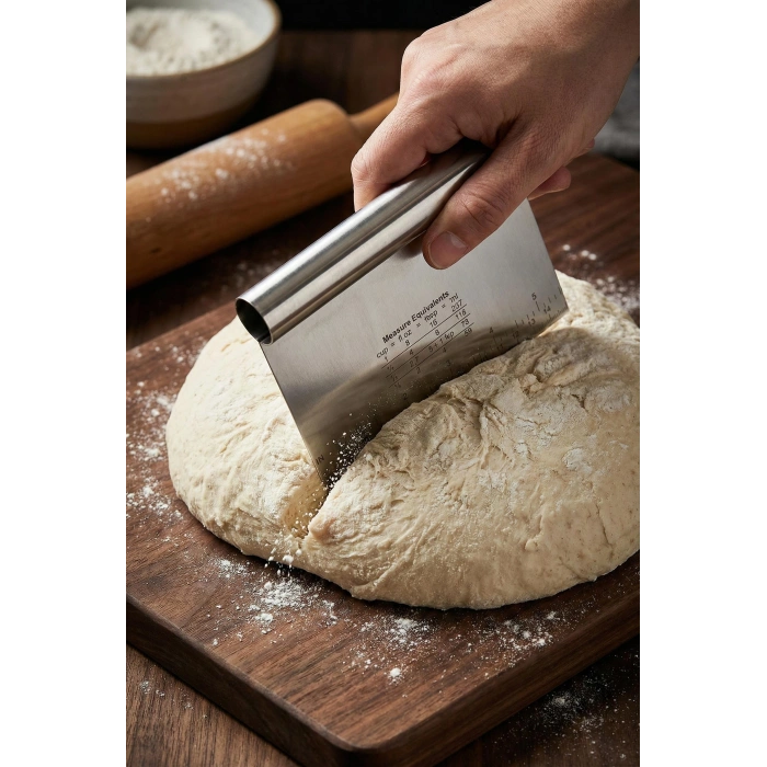 Paslanmaz Çelik Ölçü Rehberli Hamur Kesici & Hamur Şekillendirici Spatula (11x14 cm)