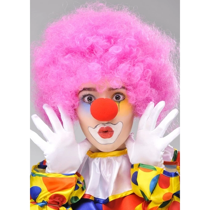 Pembe Renk Kıvırcık Afro Bonus Peruk Takma Saç ve Kırmızı Burun Seti