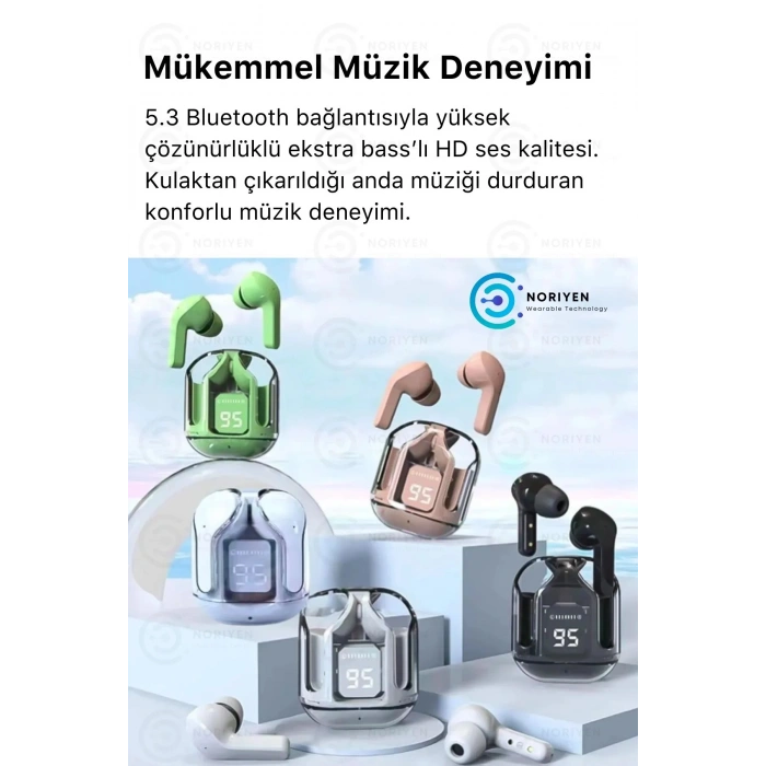 Pembe renkli, suya dayanıklı ve aktif gürültü önlemeli kablosuz kulaklık. Mikrofon özelliği bulunur.