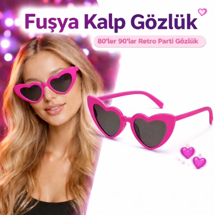 Pembe Retro Kalp Gözlük – 80’ler 90’lar Stil Parti Gözlüğü