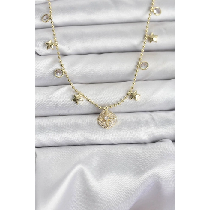 Pirinç Gold Renk Zirkon Taşlı Kutup Yıldızı Model Kadın Kolye