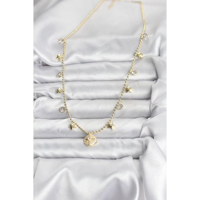 Pirinç Gold Renk Zirkon Taşlı Kutup Yıldızı Model Kadın Kolye