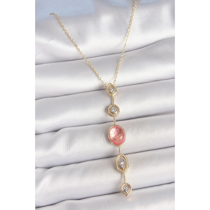 Pirinç Zincir Pembe Gold Renk Zirkon Taşlı Y Kolye
