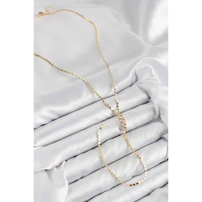 Pirinç Zirkon Taşlı Ezme Zincirli Model Gold Renk Y Kolye