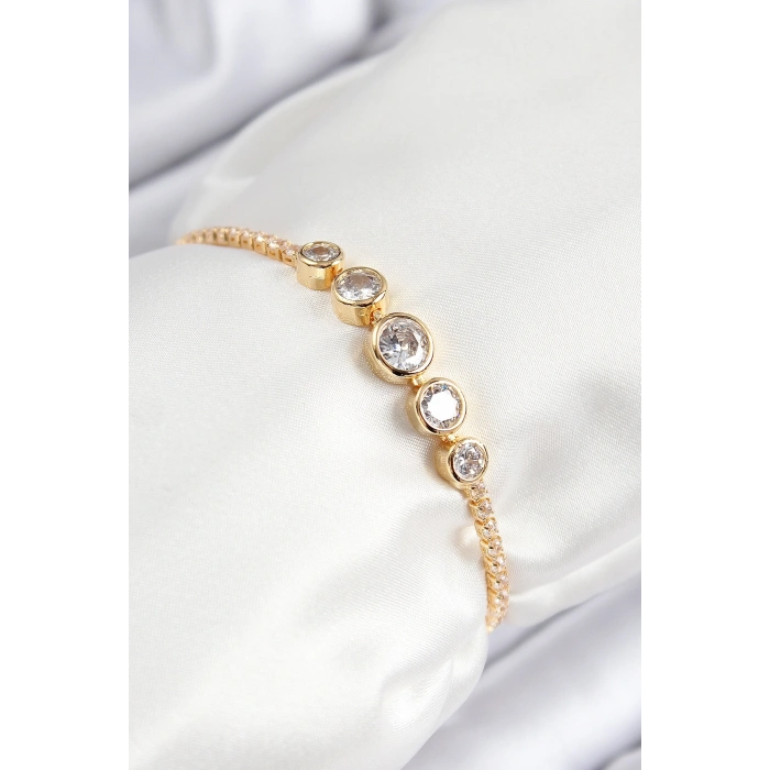 Pirinç Zirkon Taşlı Sıralı Daire Model Gold Renk Asansörlü Kadın Bileklik