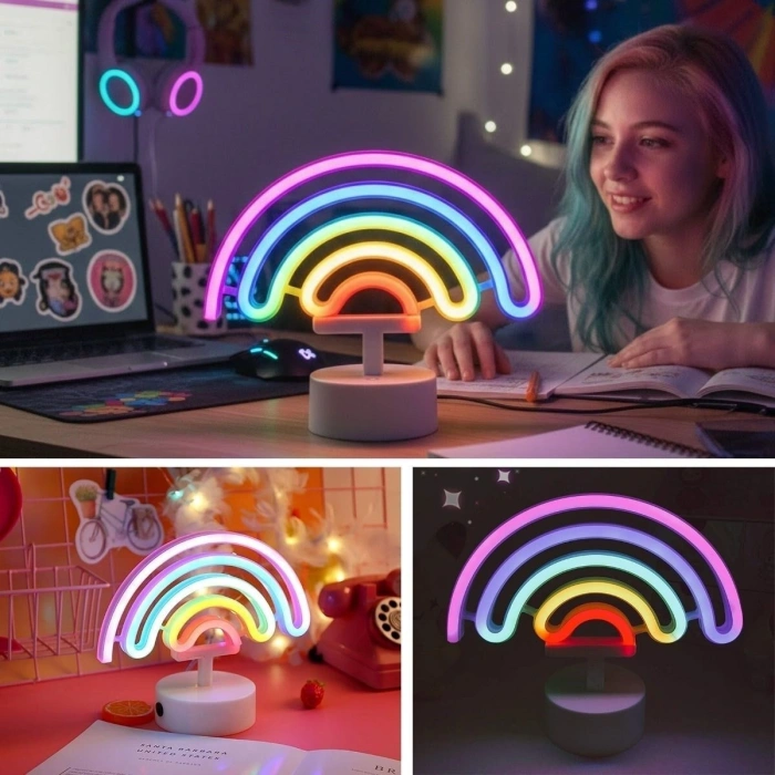 Plastik Gökkuşağı Neon LED Işık – Dekoratif Renkli Masaüstü ve Ambiyans Aydınlatması