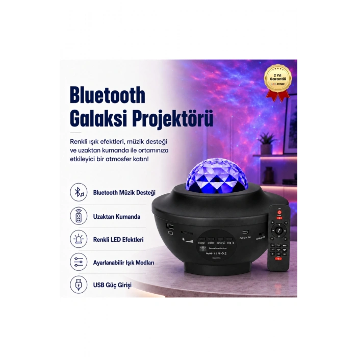 Projektör Özellikli Bluetooth Hoparlör ve RGB LED Işıklı Gece Lambası, Siyah Renk