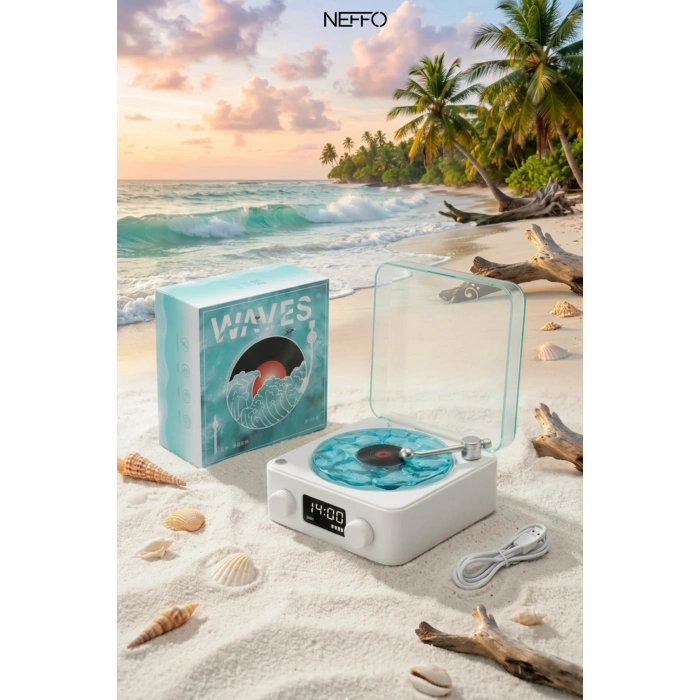 Retro Tasarımlı Bluetooth Bağlantılı Plak Çalar, 3D Ses ve Subwoofer Özellikli Beyaz Pikap