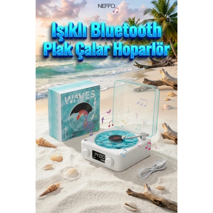 Retro Tasarımlı Bluetooth Bağlantılı Plak Çalar, 3D Ses ve Subwoofer Özellikli Beyaz Pikap