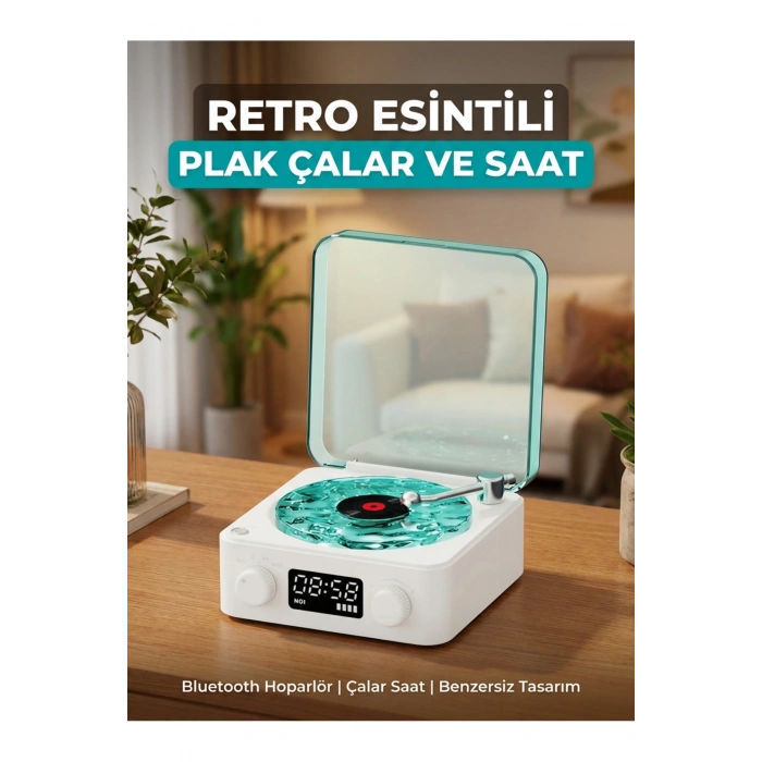 Retro Tasarımlı Bluetooth Bağlantılı Plak Çalar, 3D Ses ve Subwoofer Özellikli Beyaz Pikap