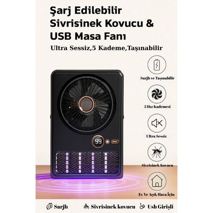 Şarjlı ve Taşınabilir Masaüstü Vantilatör, 5 Kademeli Hız ve Sinek Kovucu Özelliğe Sahiptir