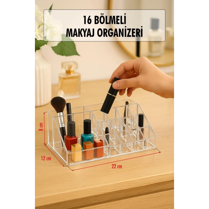 Şeffaf 16 Bölmeli Makyaj Organizeri Düzenleyici 12×22×8 cm