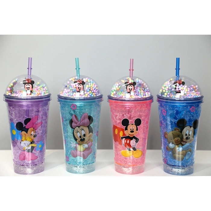 Sevimli Mickey Mouse Pipetli Işıklı Boncuklu Suluk Bardak 400 ml