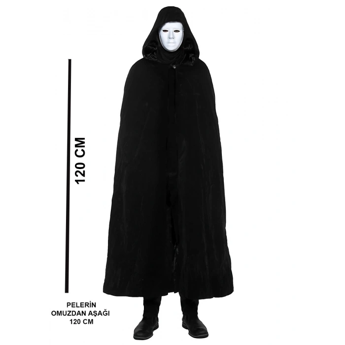 Siyah Kapüşonlu 120 cm Pelerin ve Beyaz Boyanabilir Tam Yüz Maske