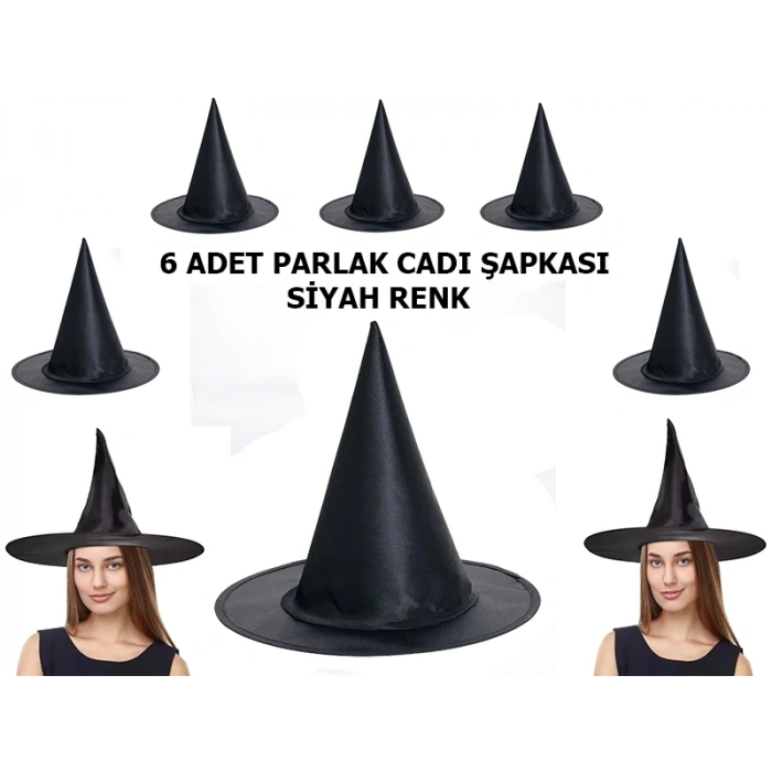 Siyah Renk Parlak Dralon Cadı Şapkası Yetişkin ve Çocuk Uyumlu 6 Adet