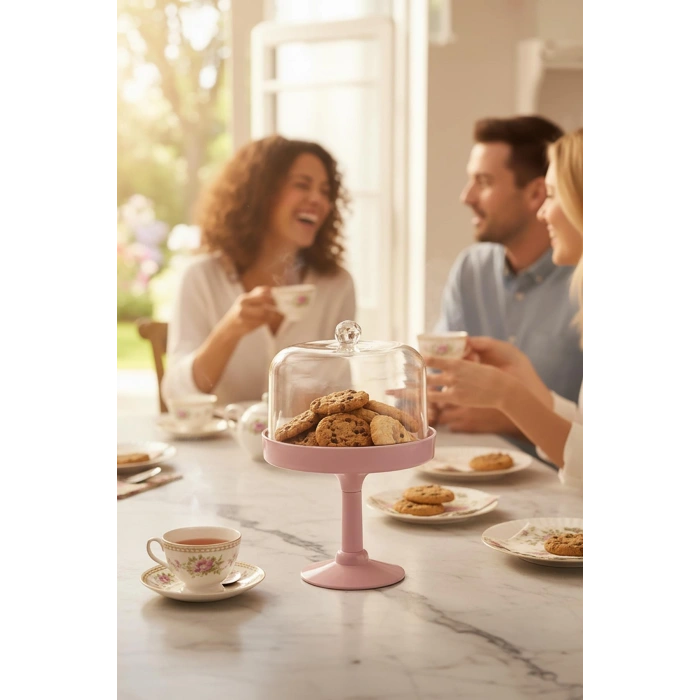 Soft Pembe Akrilik Ayaklı Kurabiyelik & Kapaklı Sunum Standı - 2 Parça