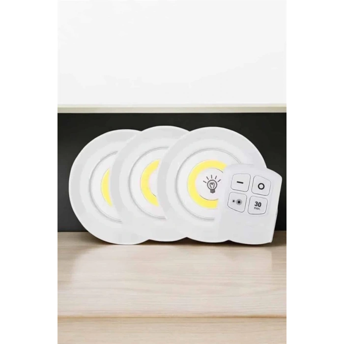 Spot Lamba Led Işık 3lü Uzaktan Kumandalı Pilli Yapışkanlı Kablosuz