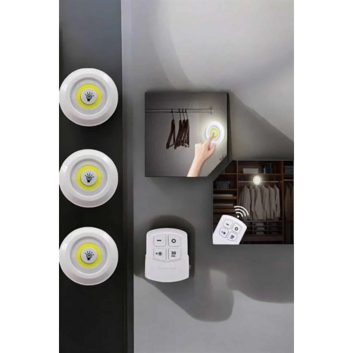 Spot Lamba Led Işık 3lü Uzaktan Kumandalı Pilli Yapışkanlı Kablosuz