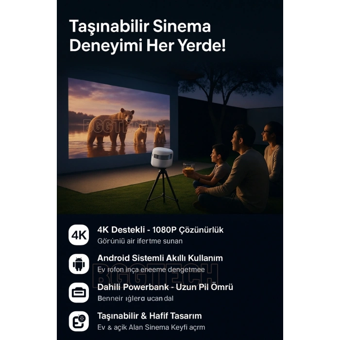 Taşınabilir 4K Destekli 1080P Projeksiyon Cihazı, Bataryalı ve Android İşletim Sistemli