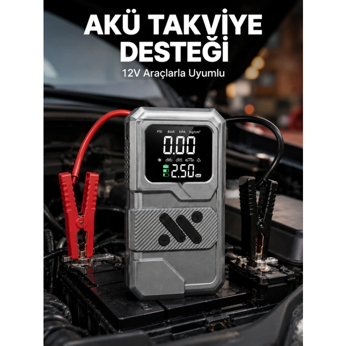 Taşınabilir Araç Akü Takviye ve Hava Kompresörü Powerbank Özellikli