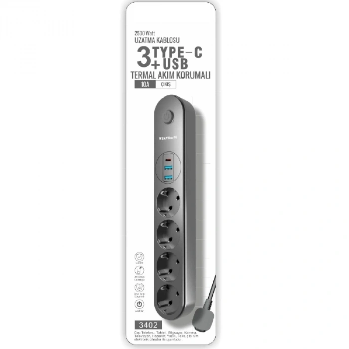 Termal Akım Korumalı 4 Prizli USB Girişli Uzatma Kablosu