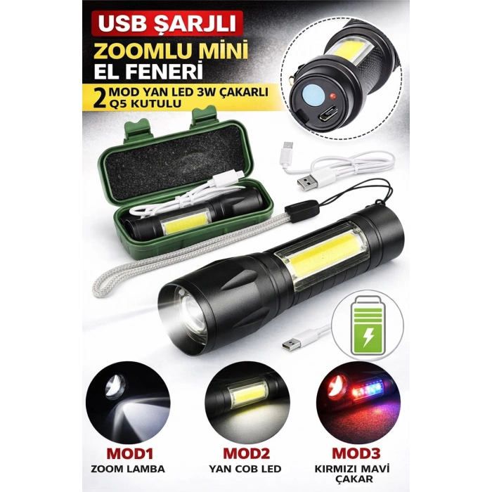 USB Şarjlı Zoomlu Mini El Feneri 3 Mod Yan COB LED Çakar Q5 Güçlü Işık Kutulu
