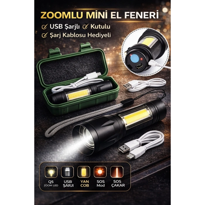USB Şarjlı Zoomlu Mini El Feneri Q5 Güçlü Işık Yan COB LED SOS Mod Kutulu Şarj Kablolu Set