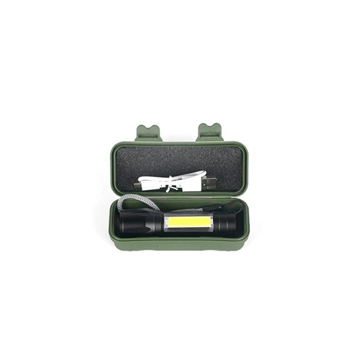 USB Şarjlı Zoomlu Mini El Feneri Q5 Güçlü Işık Yan COB LED SOS Mod Kutulu Şarj Kablolu Set