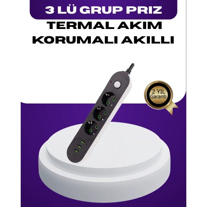 USB Yuvalı Anahtarlı Üçlü Priz 2 Metre Kablolu