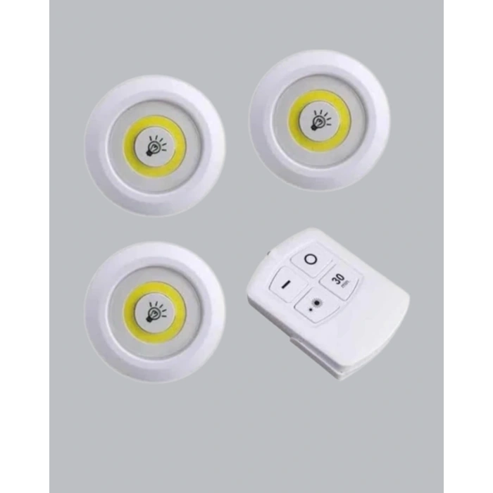 Uzaktan Kumandalı 3 Lü Kablosuz Led Spot Lamba Seti Yapışkanlı Pratik Kullanım