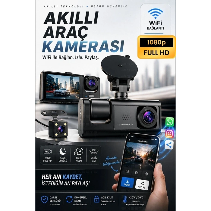 WiFi 1080p 3 Kameralı Araç İçi Kamera LCD Ekranlı Gece Görüşlü G Sensörlü Geniş Açılı