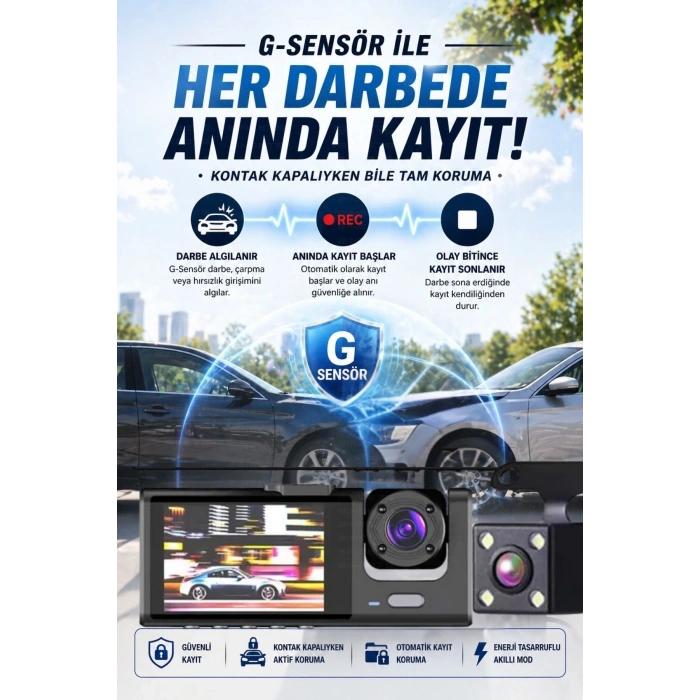 WiFi 1080p 3 Kameralı Araç İçi Kamera LCD Ekranlı Gece Görüşlü G Sensörlü Geniş Açılı