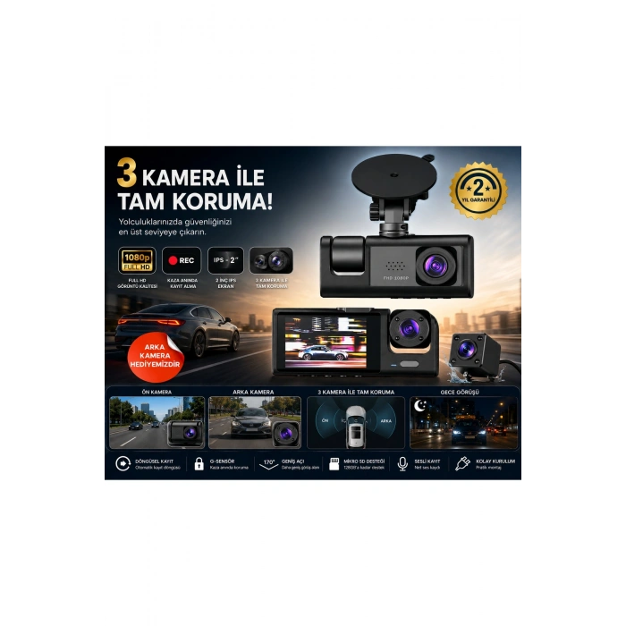 WiFi Destekli 1080p 3 Kameralı Araç İçi Kamera LCD Ekranlı Gece Görüşlü G Sensörlü