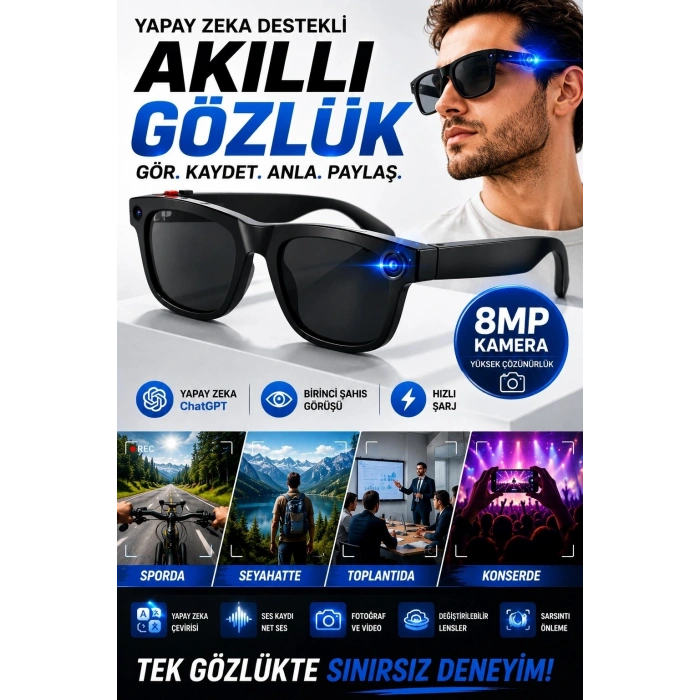 Yapay Zeka Çevirili 8MP Kameralı Akıllı Gözlük Birinci Şahıs Görüşü ve Hızlı Şarjlı