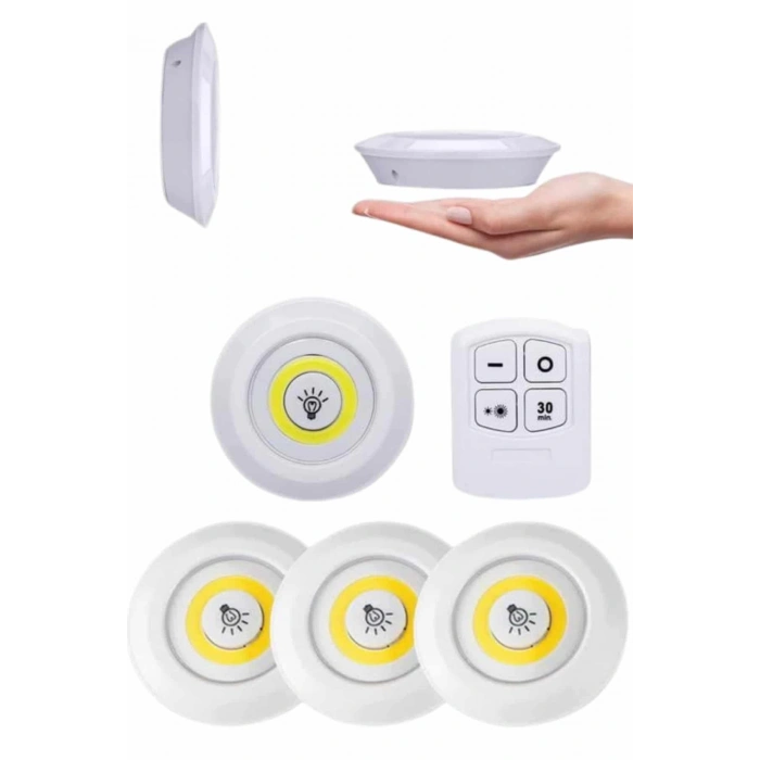Yapışkanlı 3lü Spot Led Işık Lamba Montajsız Pilli Uzaktan Kumandalı