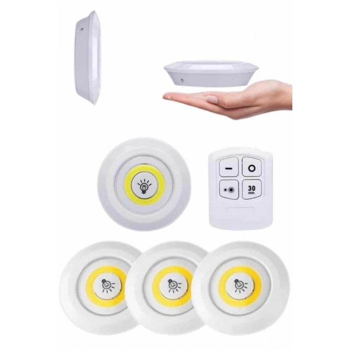 Yapışkanlı 3lü Spot Led Işık Lamba Montajsız Pilli Uzaktan Kumandalı