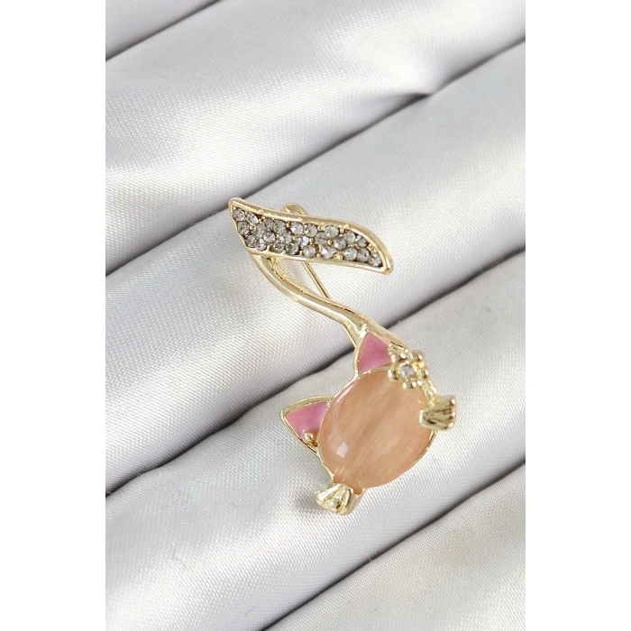 Zirkon Taşlı 3D Kedi Detaylı Nota Figürlü Gold Renk Kadın Broş