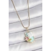 316L Çelik Gold Renk Zincir Mavi Mineli İncili Çiçek İşlemeli Portre Model Kadın Kolye