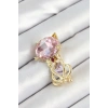 Pembe Zirkon Taşlı Kap Detaylı Kedi Figürlü Gold Renk Kadın Broş