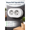 Topraklı Sıva Üstü İkili Set Priz Modern Kırık Beyaz Kolay Kurulum