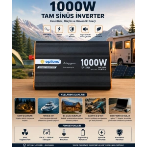 1000W Tam Sinüs İnverter 12V AC Çevirici | Sessiz Fanlı, USB Çıkışlı, Araç Karavan Tekne Solar Uyumlu Güç İnverteri