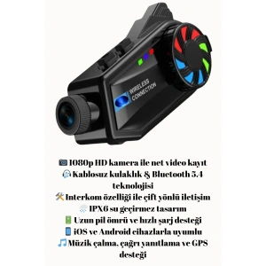 1080P Video Kayıt Özellikli, Su Geçirmez ve Bluetooth 5.4 Motorcu Interkom Kulaklığı