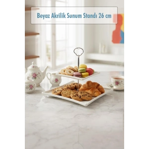 2 Katlı Beyaz Akrilik Meyvelik & Kurabiyelik & Sunum Standı - 26 cm