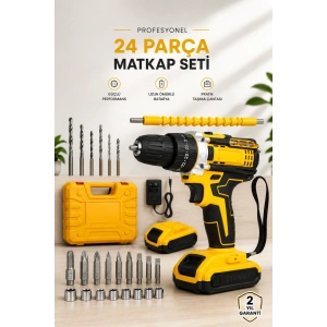 24 Parça Çift Bataryalı Şarjlı Matkap Seti 24W Motor ve Otomatik Mil Kilitli Tasarım