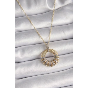 316L Çelik Gold Renk Zincir Gümüş Zirkon Taşlı Daire Model Kadın Kolye