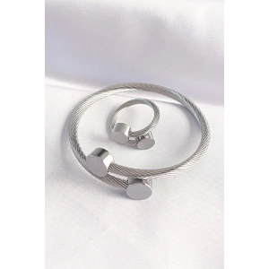 316L Çelik Gümüş Renk Oval Aksesuarlı Burgu Model Bileklik ve Yüzük Kombini