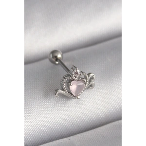 316L Çelik Gümüş Renk Pembe Mineli Kalp Zirkon Taş Detay Tragus Piercing