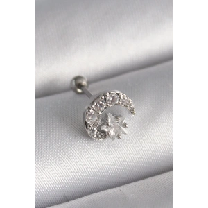 316L Çelik Gümüş Renk Zirkon Taşlı Ay Yıldız Tragus Piercing