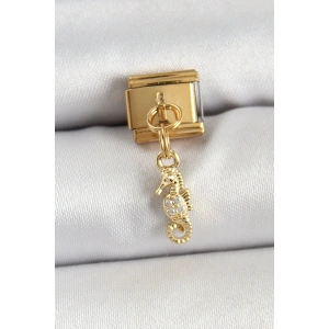 316L Çelik Sallantılı Zirkon Taşlı Deniz Atı Model Gold Renk Nomination Charm