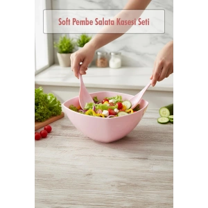 3,5 Lt Soft Pembe Akrilik Kare Salata ve Servis Kasesi Seti – 3 Parça